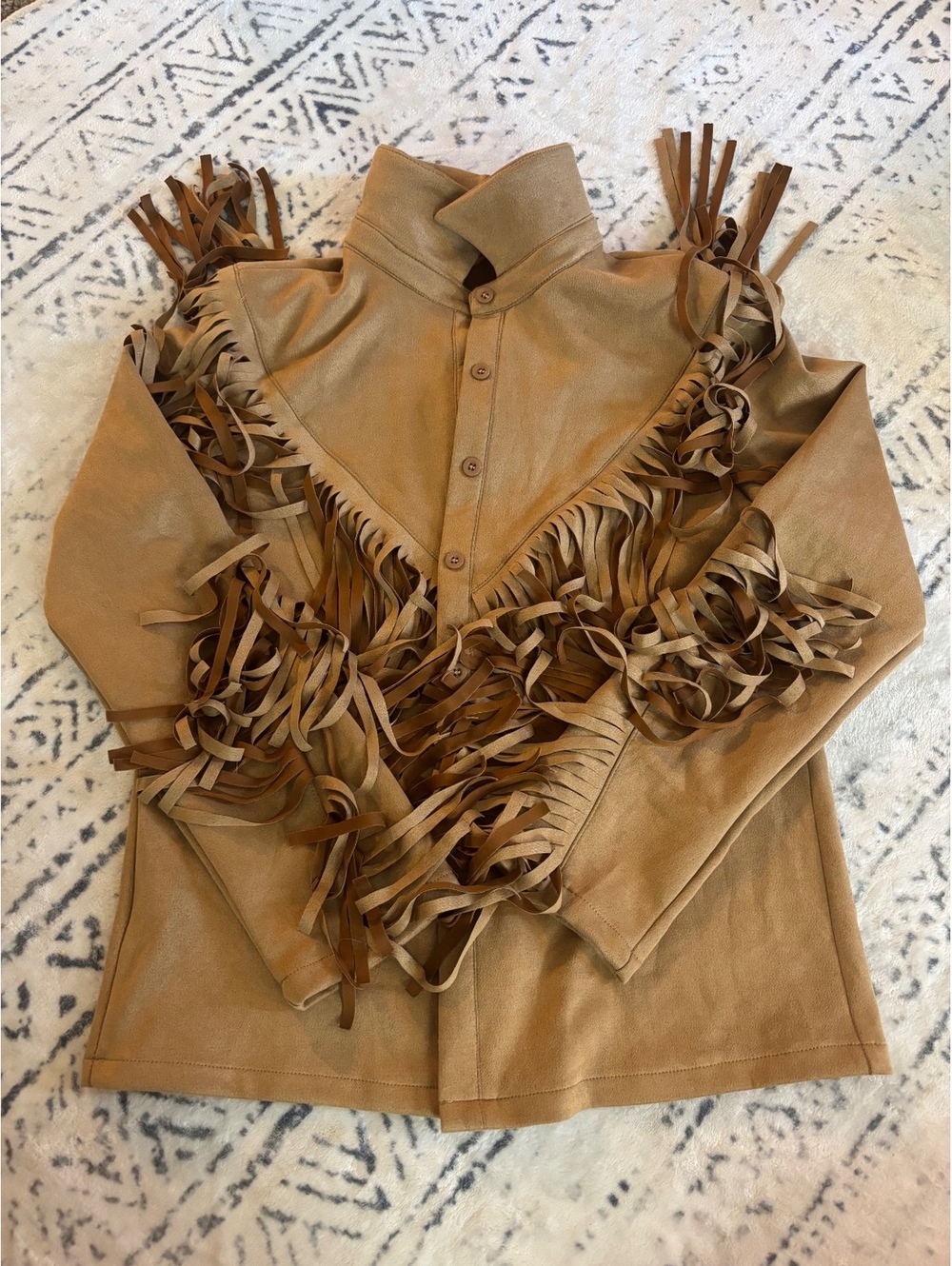 Tan Polyester Fringe Button-Up Western Style Shirt Jacket, Size Small